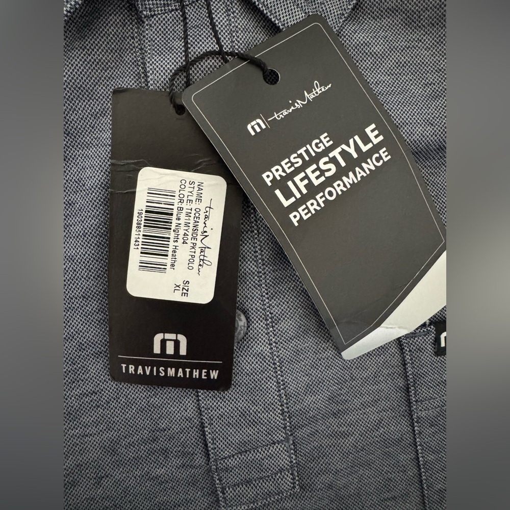 Travis Matthew Oceanside Polo Shirt Blue Nights Heather Size XL NWT Company Logo - Picture 6 of 13